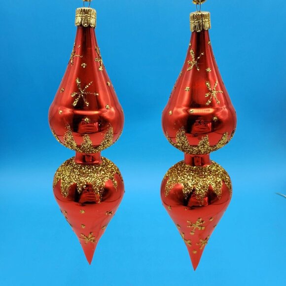 Vintage MCM Starburst Design Finial Glass Ornaments Red Green Gold 1990s 3pc 6" - Picture 4 of 10